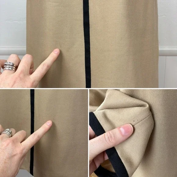 Boden Tan Wool Dress Black Tipped Size 6L Camel Striping Midi Classic Old Money - Picture 16 of 17